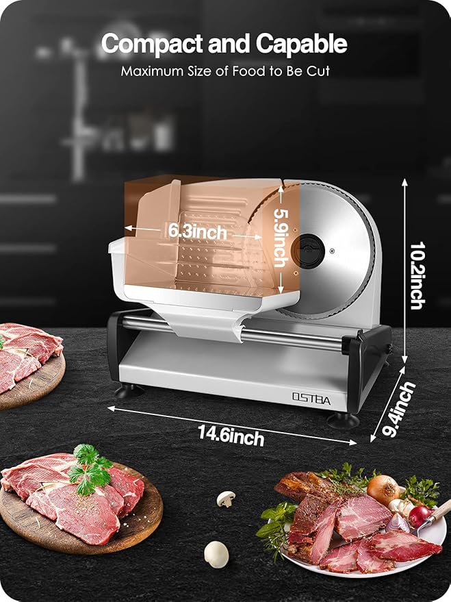 OSTBA Meat Slicer Electric Deli Food Slicer with Child Lock Protection, Removable 7.5’’ Stainless Steel Blade and Food Carriage, Adjustable Thickness Food Slicer Machine for Meat, Cheese, Bread(150W)
