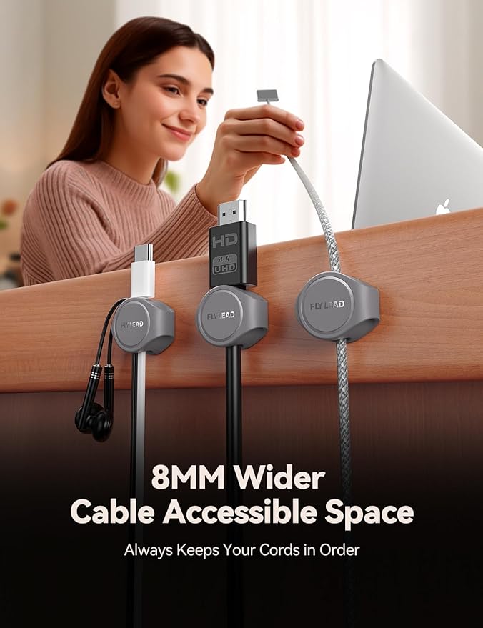 8-Pack Cord Organizer Magnetic Cable Clips, Desk Cable Management Wire Hider, FLYLEAD Silicone Cord Holder for Nightstand, Cable Organizer for Office Workspaces Desktop Organization Home Accessories