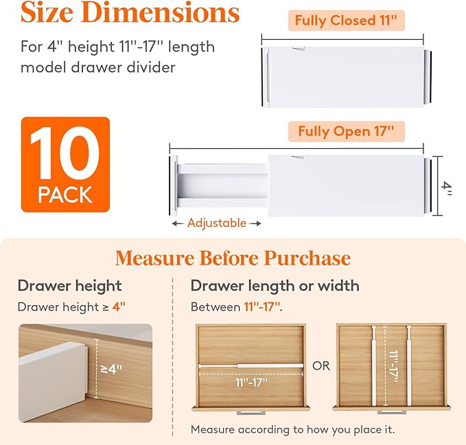Lifewit 10 Pack 4" High Drawer Dividers 28-43.5cm/11-17" Adjustable Drawer Organizer for Clothes/Utensils