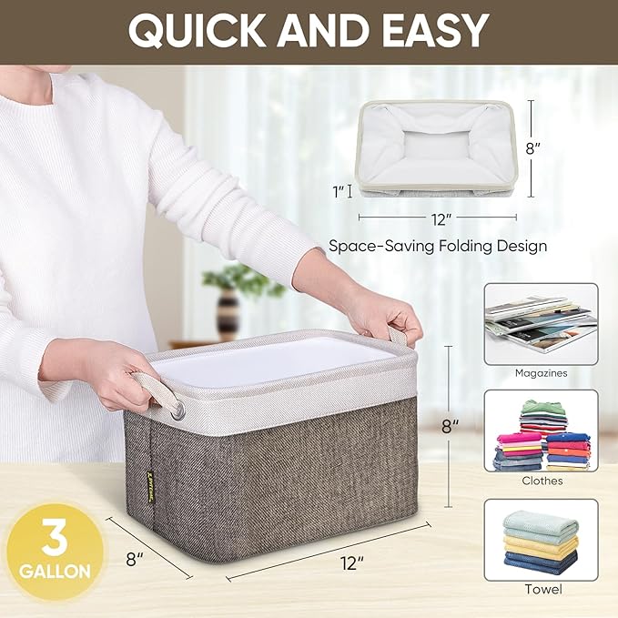 2 Pack Fabric Closet Storage Bins for Shelves, Brown, 12"x8"x8"