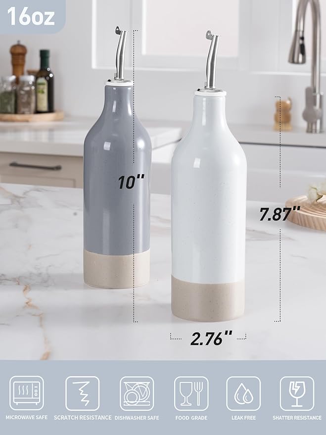 famiware Milkyway 16oz Ceramic Olive Oil Dispenser Bottle, Olive Oil and Vinegar Dispenser Bottle Set of 2 with Stainless Steel Pourers, Suitable for Storage Vinegar, Liquids, Light Gray and Dark Gray