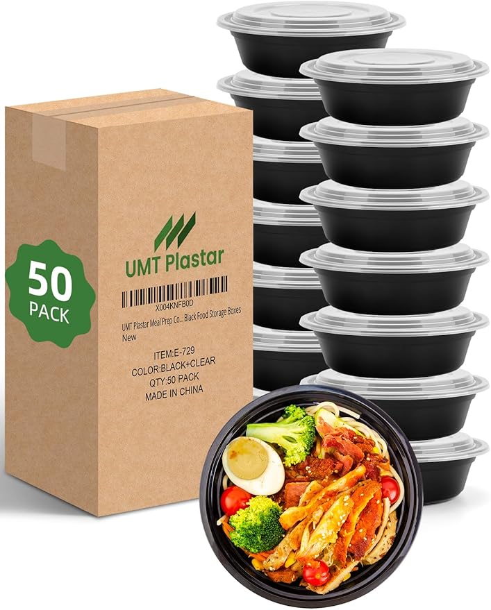 UMT Plastar 32 oz Round Meal Prep Bowls with Lids, 50 Pack BPA-Free To Go Food Containers, Microwave Freezer Dishwasher Safe