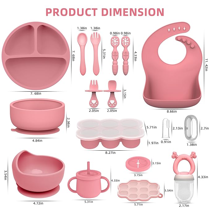 16 Pack Silicone Baby Feeding Set, BPA-Free Baby LED Weaning Supplies, Include Suction Plates, Baby Bowls, Silicone Fork & Spoon, and More, First Stage Baby Food Eating Utensils - 6+ Months(Pink, 16)