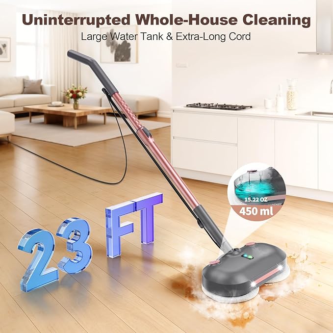 Scrubbing Steam Mop with Rotating Pads, Spin Steam Cleaner for Floor Cleaning,Large Tank,23FT Cord, LED Headlights,Reusable Pads & Self-Standing,Safe for Hard Floor/Laminate/Marble