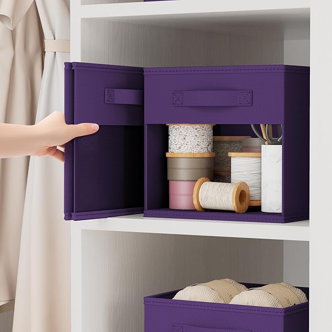 DIMJ Storage Cubes, Cube Storage Bin, 6 Pack Foldable Baskets with Window, Closet Storage Bins with Handle, 11x 11 inch Storage Cubes for Clothes, Toys, Books (Purple)