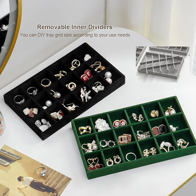 SPAKOWN Jewelry Organizer for Drawer, Adjustable Velvet Jewelry Tray, Stackable Necklace Organizer Earring Holder Organizer Ring Tray Jewelry Storage Display Drawer Inserts Set of 9 (Green)