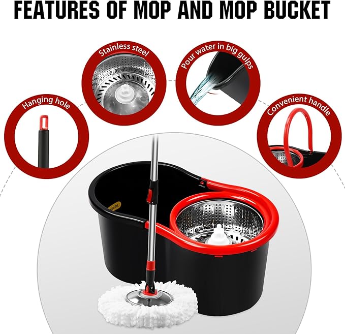 Spin Mop and Bucket with Wringer Set, 360° Spinning Mop Bucket System with 3 Microfiber Mop Replacement Heads and 51" Stainless Steel Adjustable Handle for Floor Cleaning (15QT)