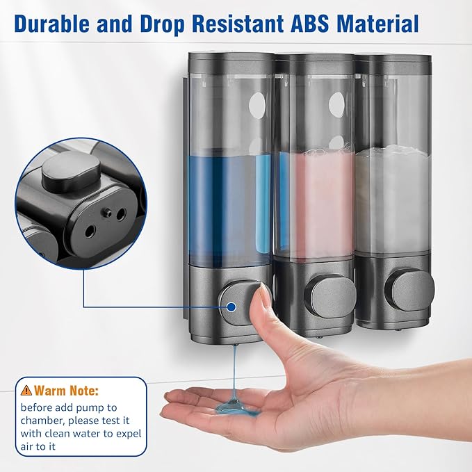 Shampoo and Conditioner Dispenser 3 Chamber No Drill,Shower Soap Pump Dispenser Wall Mounted,Body Wash Dispenser,Shower Gel Shampoo Holder for Bathroom Accessories,Gungrey