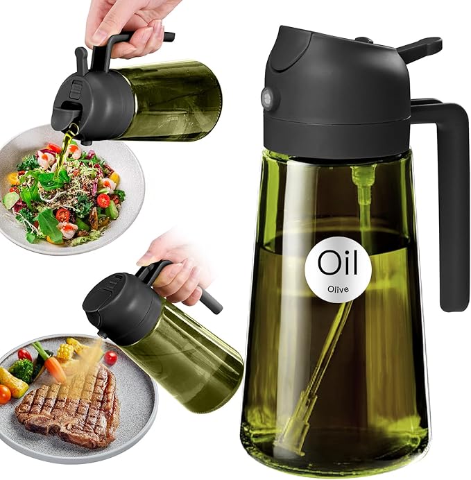 YARRAMATE 16oz/470ml Light-Blocking Dark Oil Sprayer for Cooking, 2 in 1 Olive Oil Dispenser Bottle for Kitchen, Premium Dark Green Glass Oil Bottle, Food-Grade Oil Mister for Air Fryer, BBQ (Black)
