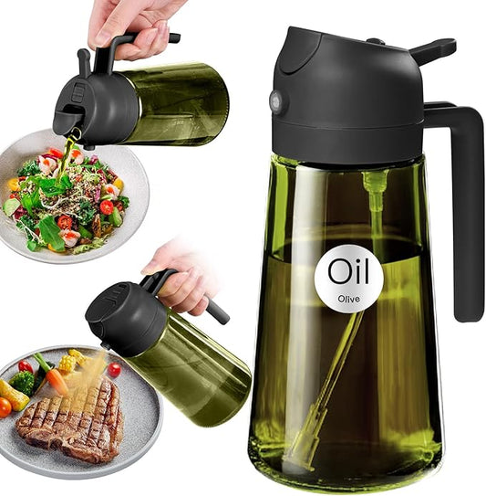 YARRAMATE 16oz/470ml Light-Blocking Dark Oil Sprayer for Cooking, 2 in 1 Olive Oil Dispenser Bottle for Kitchen, Premium Dark Green Glass Oil Bottle, Food-Grade Oil Mister for Air Fryer, BBQ (Black)