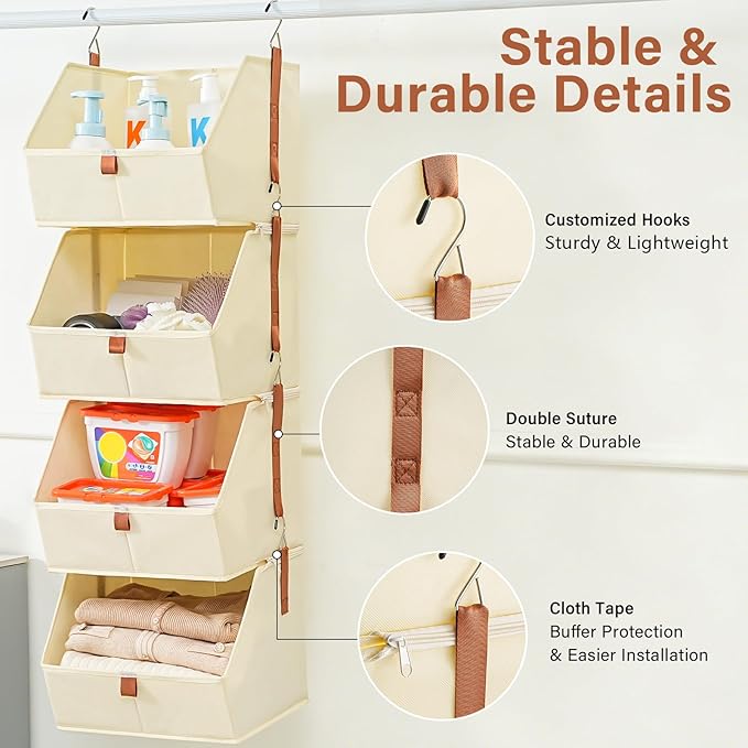 4 Tier Hanging Closet Organizer,Disassemblable Clothes Hanging Shelves,Fabric Closet Organizer System for Space-Saving,Foldable Storage Basket for Bedroom, Rv (1 Pack,Beige)