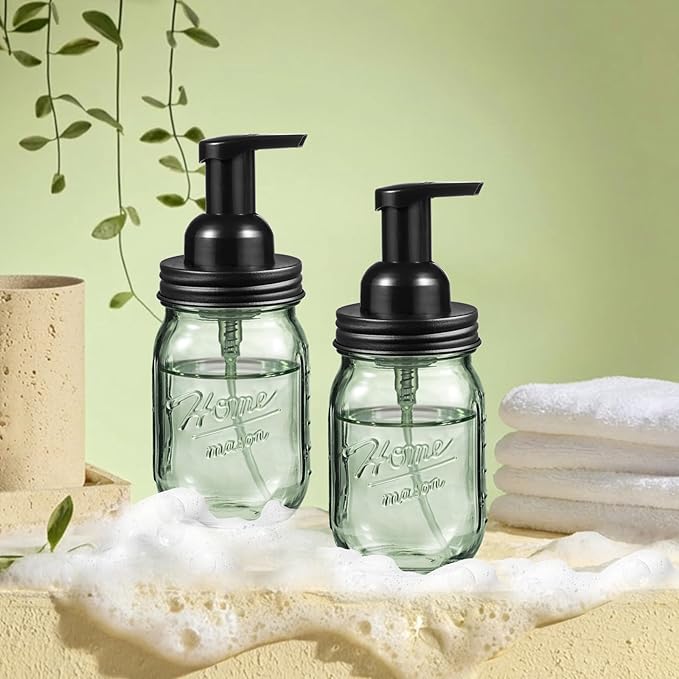 SheeChung 16Oz Mason Jar Foaming Soap Dispenser, Stainless Steel Lid, BPA Free Pump, Green Glass Foam Hand Soap Dispenser, Refillable Liquid Foam Dispenser Bottle for Bathroom Kitchen, Dish Soap-Black