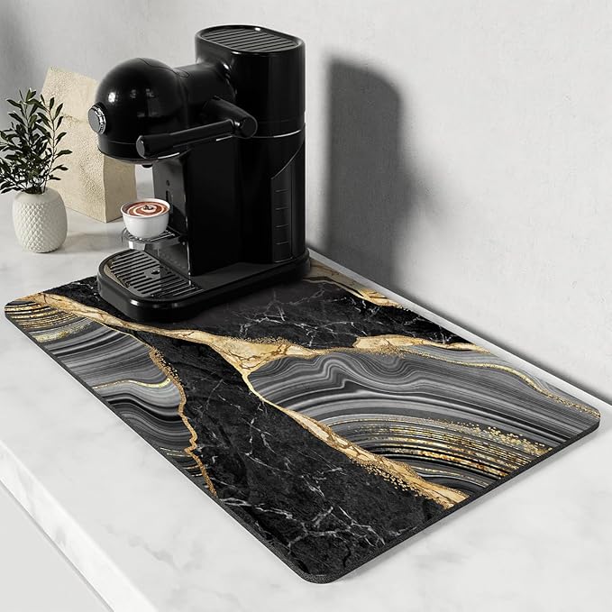 Dish Drying Mat for Kitchen Counter, Black Marble Gold Agate Design, Washable Absorbent Quick Dry Pad with Rubber Backing, Draining Mat for Dishes Coffee Table, 16" x 24"