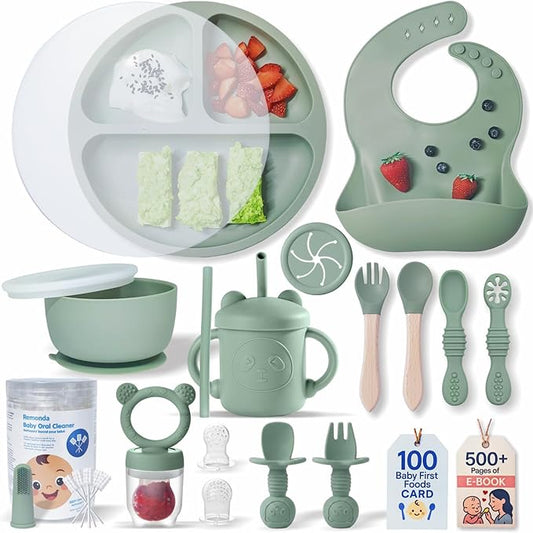 Remonda 23-Piece BPA-Free Silicone Baby Feeding Set | Extra Large Suction Plates, Toddler Bowls, Self Feeding Spoons, and More