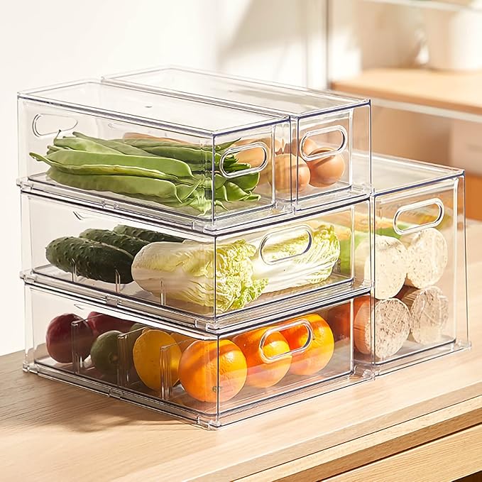 MineSign 4 pack Stackable Fridge Drawers Pull-Out Bins Divided Produce Saver Containers for Refrigerator Storage Organizers for Veggie Fruit Berry Pantry Cabinet Makeup Clothes