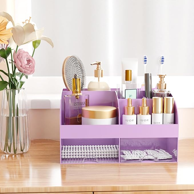 Makeup Organizer with Drawers, Cosmetic Storage for Dresser Vanity and Bathroom Countertop, Beauty Holder for Lipstick Brush, Skincare Organizer for Vanity, Cosmetic Display Case (Purple)