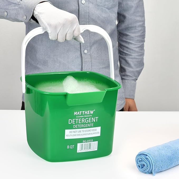 Matthew Red&Green&Blue Detergent and Sanitizing Cleaning Bucket 8 Quart Cleaning Pail,Set of 3 Square Containers,Built-In Spout w/Handle,Wash Rinse Sanitize Handwash Bucket,Incl.3Pcs Microfiber Cloths