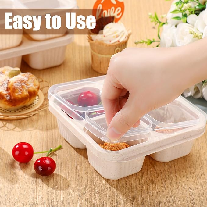 Ziliny 12 Pcs 4 Divided Compartments Snack Containers Bento Wheat Straw Snack Box with Lid Reusable Meal Prep Lunch Box Food Storage Containers for Adults Christmas Travel Work Gifts(Beige)