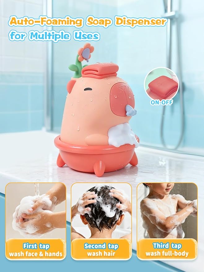 QANYI Automatic Bubble Foam Machine for Kids - Capybara Silicone Touchless Soap Dispenser, IPX7 Waterproof & Rechargeable, Fun Bath Toy to Encourage Child Hygiene from Hand Washing to Bath Time(Pink)