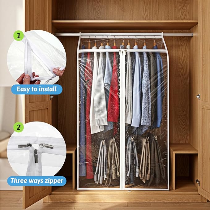 2 PCS 43" Hanging Garment Bags for Hanging Clothes with Clear Window Hang ing Clothes Storage Garment Rack Cover Coat Protector with Zipper for Hangings Clothe Suits Coats Cover