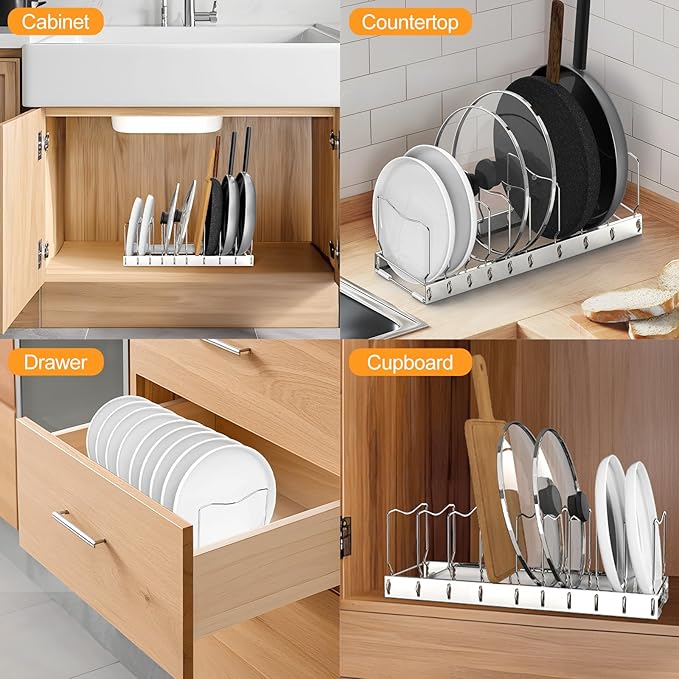 FLSEPAMB Pan Organizer - Adjustable Lid Organizer for Kitchen, Heavy Duty Pot Lid Organizer, Under Sink, Drawer, Pantry Storage