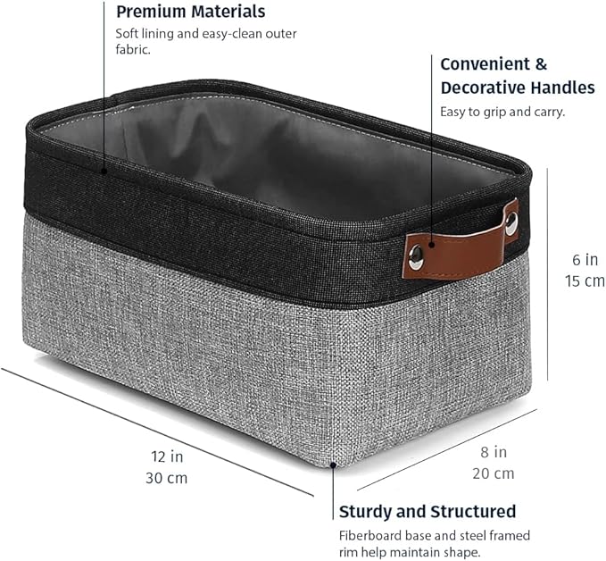 Small Fabric Storage Baskets 3 Pack, Gray/Black