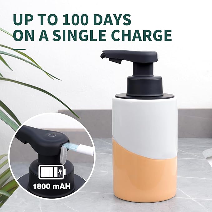 BosilunLife Automatic Soap Dispenser Ceramic Hand Free Soap Dispenser with Waterproof Pump Rechargeable Smart Electric Soap Lotion Dispenser Touchless for Kitchen Bathroom (White-Orange, Foam Pump)