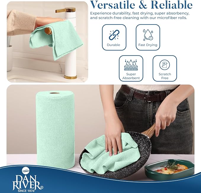 DAN RIVER Microfiber Cleaning Cloth Roll - 30 Pack, 12x12 Inch Reusable Tear Away Lint-Free Cloths for Kitchen, Car and Home -Streak-Free Towels for Dusting, Glass, Electronics & Dish Cleaning (Green)
