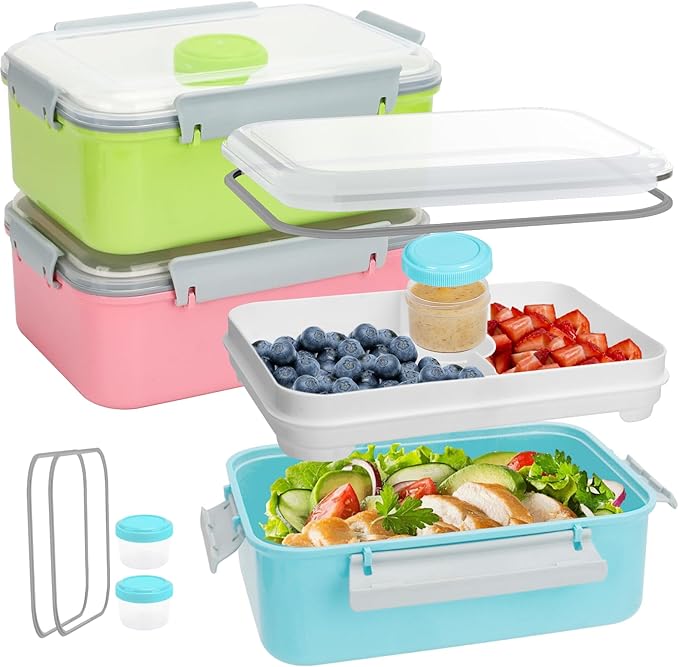 3 Pack Salad Lunch Box Food Storage Containers, 47oz Bento Box To Go Container with Lids, ReusableMeal Prep Containers with Removable Tray & Dressing Pots for Kids and Adults, Microwavable