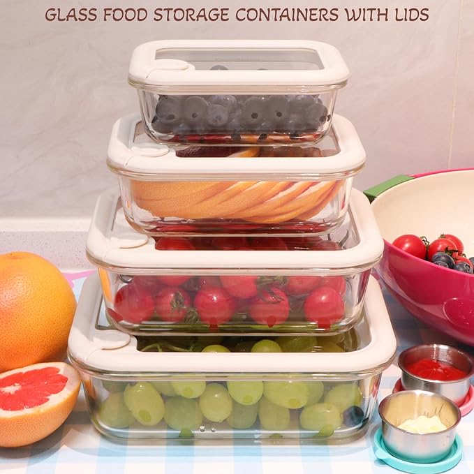 Glass Food Storage Containers with Silicone Glass Lids, Stainless Steel Salad Dressing Containers, LeakProof Food Containers Set, 4-pack 12-21-35-50 oz（White）