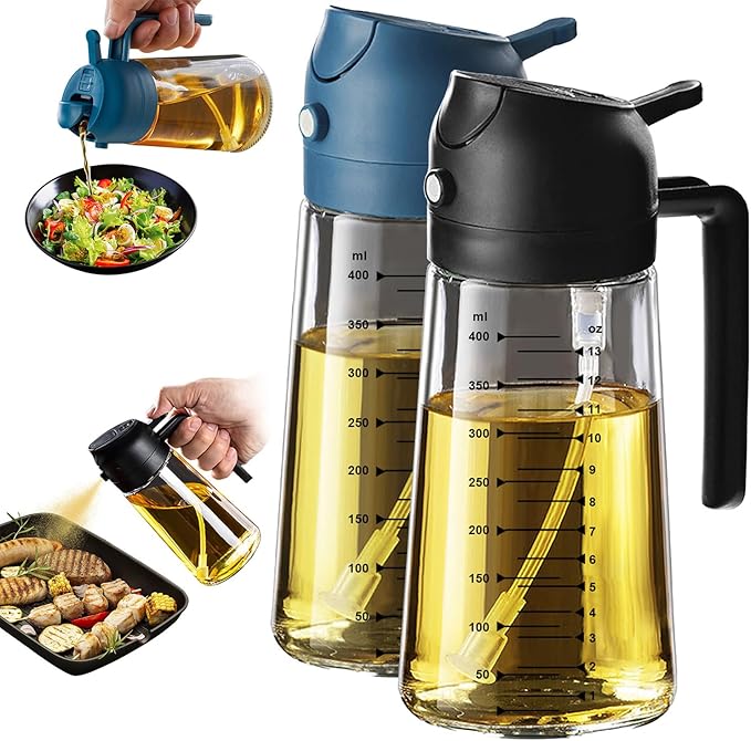 TrendPlain 16oz/470ml Glass Olive Oil Sprayer for Cooking – 2 in 1 Olive Oil Dispenser Bottle for Kitchen Gadgets and Air Fryer Accessories, Salad, BBQ - Black & Navy