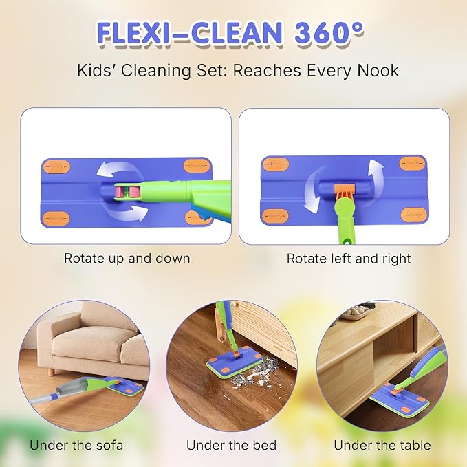 Kids Spray Mop that Really Works,Pretend Play Toddler Cleaning Set,Montessori Toys Cleaning Set for Ages 4-8, Water Sprayer & Scraper & 2 Washable Mop Pads, Housekeeping Toys Gifts for Kids Toddlers
