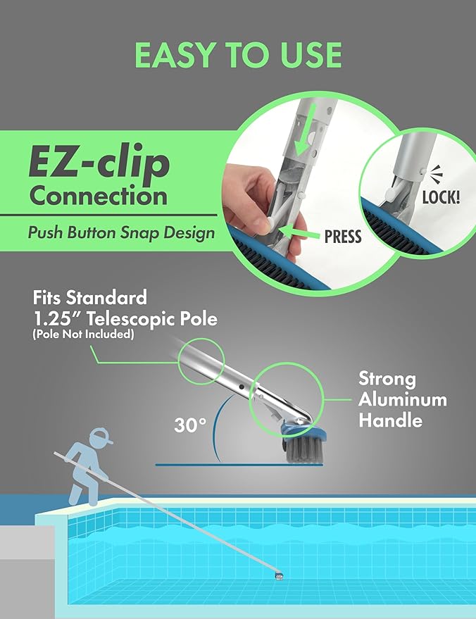 KEMANO Heavy Duty Pool Brush Head, Premium Nylon Bristles Non-Abrasive Cleaning, Reinforced Aluminum Frame, Ideal for Pool Walls, Steps, Corners, Above Ground & Inground Swimming Pool Cleaning Tools
