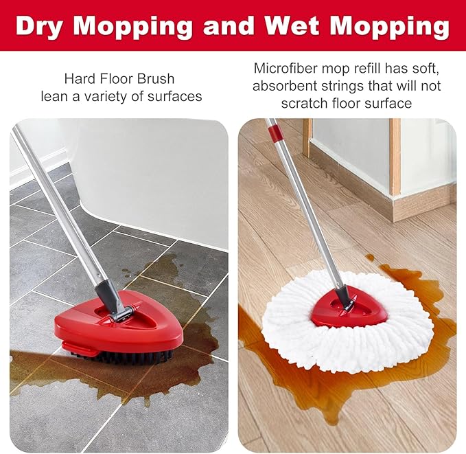 7 Packs Replacement Mop Heads& Handle Scrub Brush and Base Combo Set Compatible with O Cedar Spin Mops Refills，30-58" Mop Handle and Microfiber Head Refills for Cleaning