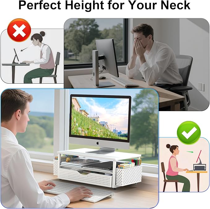 Spacrea Desk Organizer and Accessories, Computer Monitor Stand Riser with Drawer and 2 Pen Holders