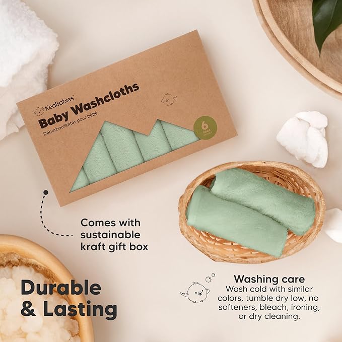6-Pack Baby Washcloths – Soft Absorbent Viscose from Bamboo Washcloths for Face, Body, Baby Towels for Newborn, Kids, Toddlers, Infant, Gentle on Sensitive Skin, 10x10 Reusable Face Towels (Pistachio)