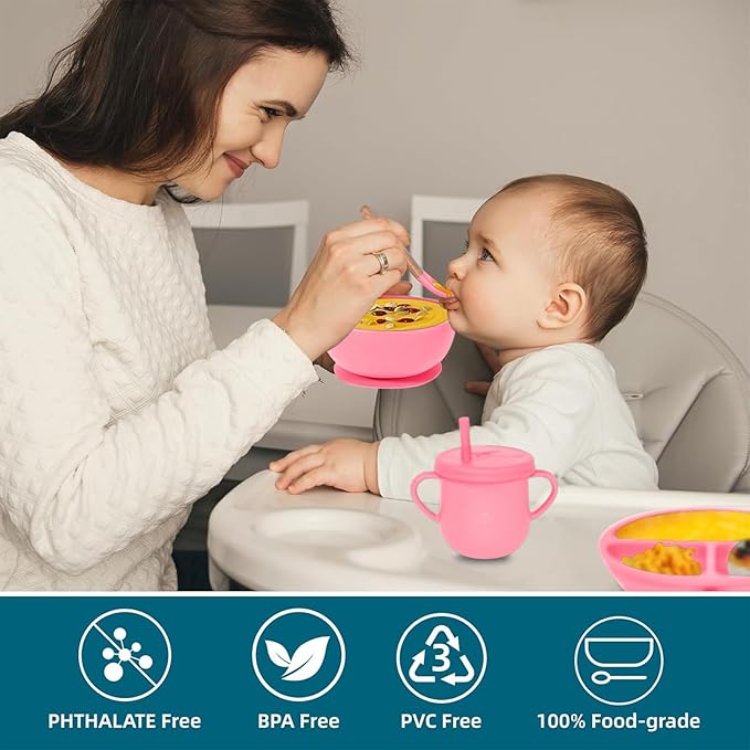100% Silicone baby feeding set,BPA free Baby dishes set with Suction Bowl Divided Plate,Toddler Self Feeding Dish Set with Spoons Forks Sippy Cup And Bib, Baby Eating Utensils (Hot Pink)