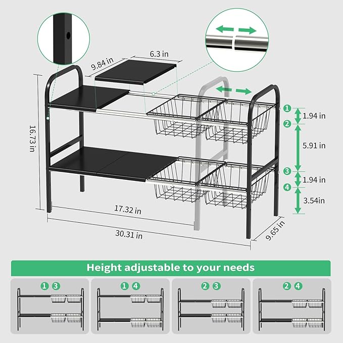 Expandable 2-Tier Under Sink Organizer, 2-Tier 4 Boards and 4 Baskets)