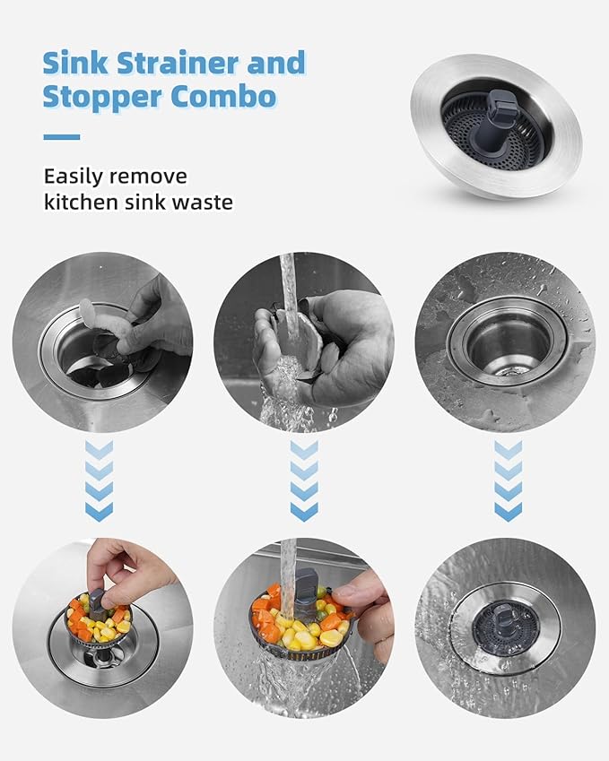 Universal 3 in 1 Kitchen Sink Drain Strainer Stopper Combo, Stainless Steel Shell Pop Up Sink Stopper for US Standard 3-1/2 inch Drain Filter