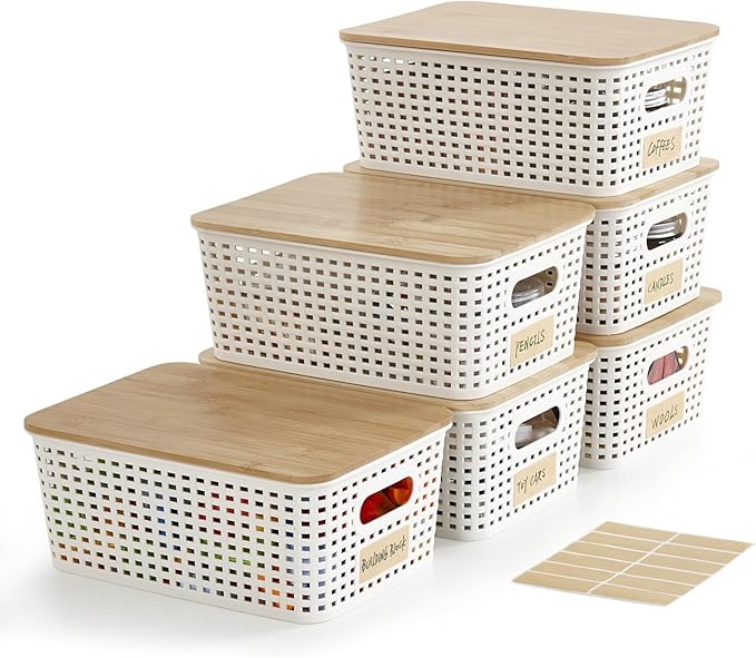 Bagnizer Small Plastic Storage Bins with Bamboo Lids 5.2qt Stackable Box Basket Pantry Decorative Containers Cute with Labels for Organizing Desktop