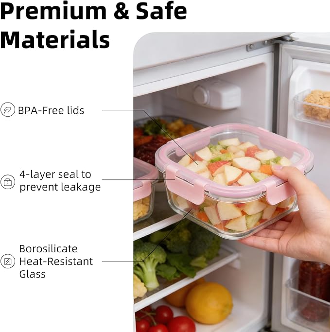 Konokyo Square Glass Food Storage Containers with Lids, 24 Pack Airtight Leakproof Meal Prep Containers, BPA-Free