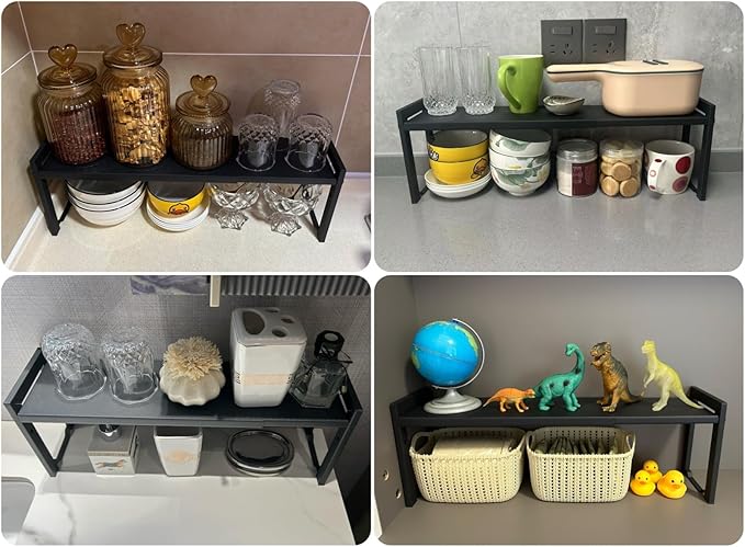 2 Pack Expandable Cabinet Shelf Organizer 16-26" L Stackable Kitchen Counter Shelves Rack Stand Sink Riser Countertop Storage Black (Narrow 5.1”D)
