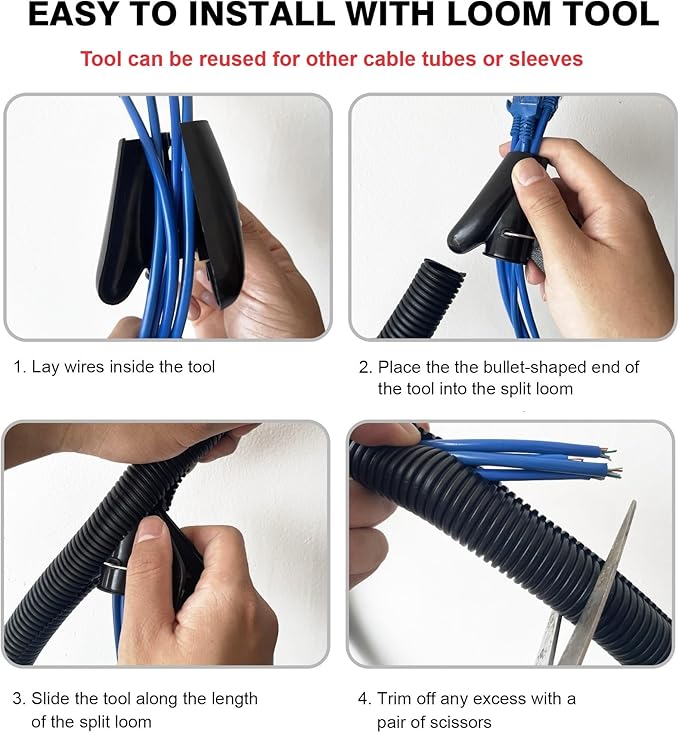 25ft - 3/4 inch Flame Retardant Split Wire Loom Tubing with Installation Tool - Flexible Wire Covers Cord Protectors - Black