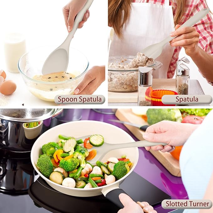 P&P CHEF Silicone Cooking Utensils Set of 7, Heat-proof Kitchen Utensils Set for Nonstick Cookware, Non-stick Spatula, Slotted Turner, Soup Ladle, Pasta Server, Spoon for Cooking Serving - Khaki