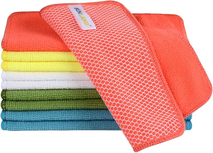 SINLAND Microfiber Dish Cloth for Washing Dishes Dish Rags Best Kitchen Washcloth Cleaning Cloths with Poly Scour Side 5 Color Assorted 7.87inchx7.87inch 10pack