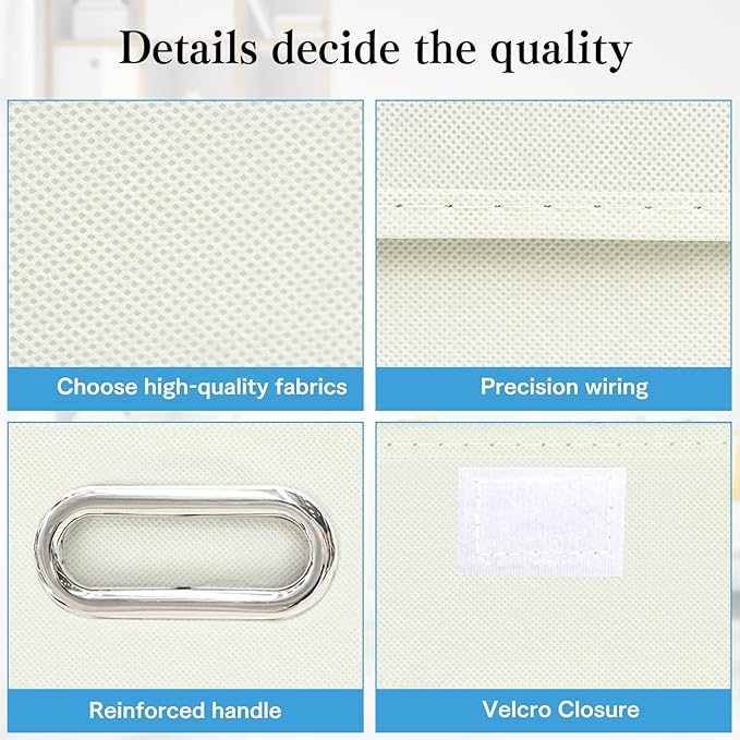 STOREONE Fabric Storage Cube Bins Foldable Organizer Container Collapsible Basket with Lids and Metal Handles, for Home, Bedroom, Closet 6 Pcs (Creamy-White)