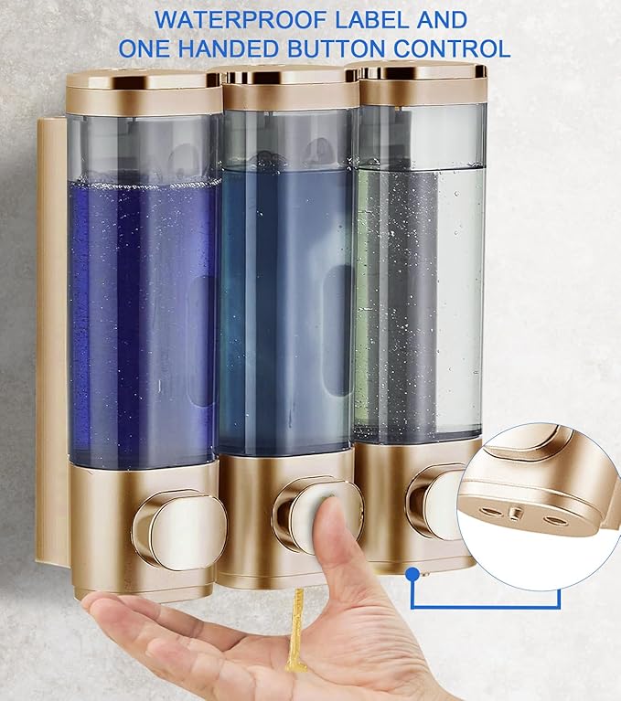 Shower Soap Dispenser Wall Mounted Shampoo and Conditioner Dispenser No Drill 3 Chamber Large Capacity for Bathroom Hotel, Gold