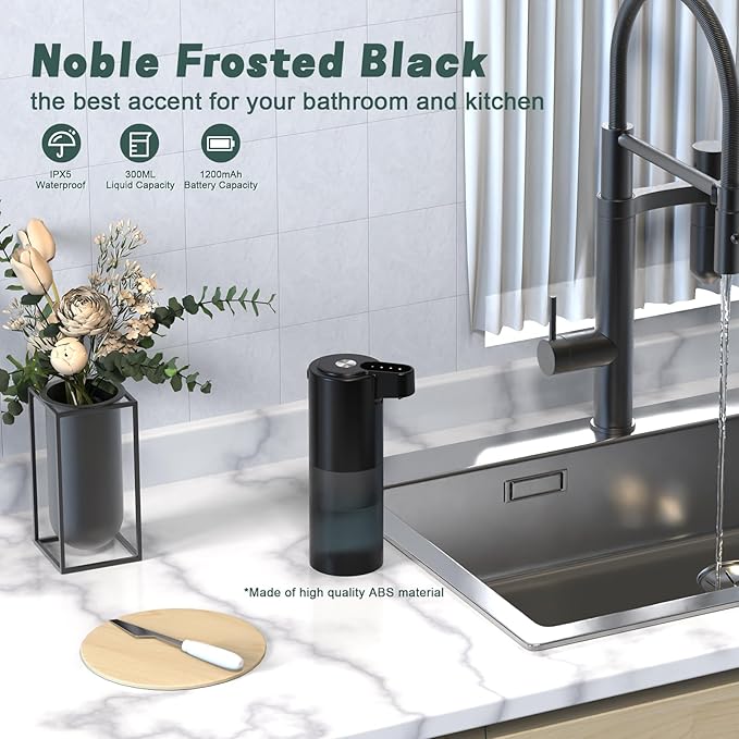 Automatic Foaming Soap Dispenser USB C Rechargeable Hand Soap Dispenser for Bathroom Touchless Dish Soap Dispenser for Kitchen IPX5 Waterproof, Matte Black