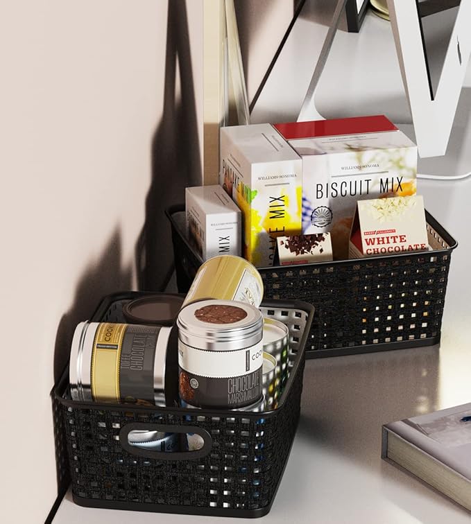 WYT Woven Storage Organizer Basket, 6-Pack Black Plastic Weave Baskets, 10.1 x 7.55 x 4.1