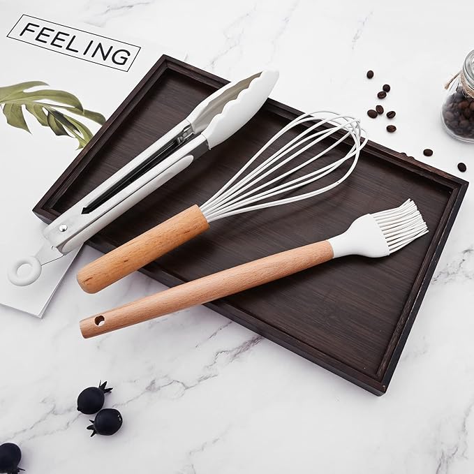 1pc White Silicone Tong with Wooden Handle, Heat Resistant Cooking Utensils, Silicone Tong for Salad BBQ Serving Buffet Frying Tongs